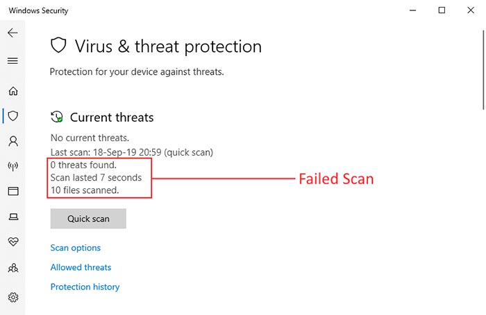 Windows Defender malware scans are failing after a few seconds