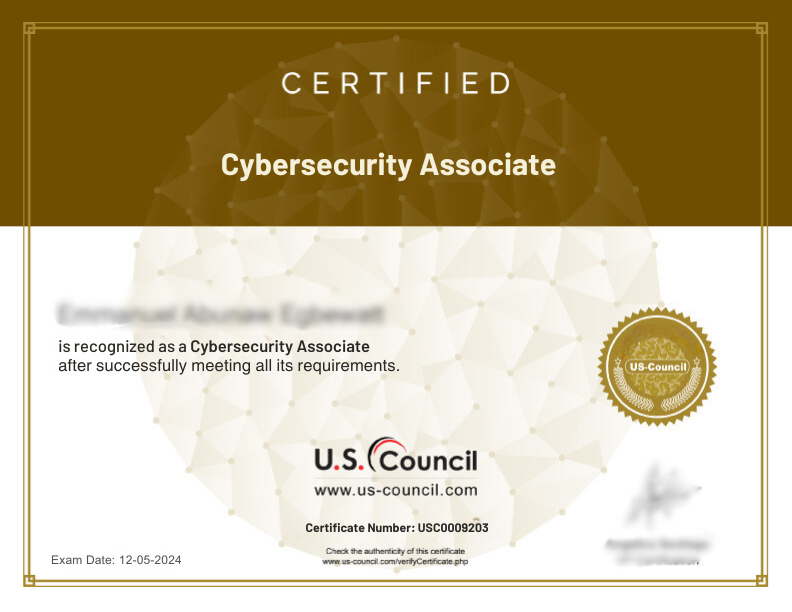 sample certificate for us-council cybersecurity associate / SOC Analyst 