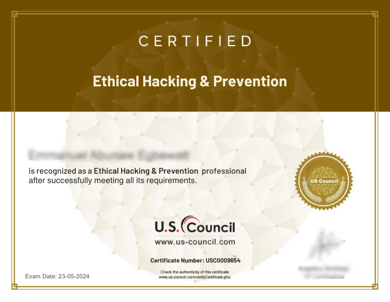 sample certificate for us-council Ethical Hacking & Prevention